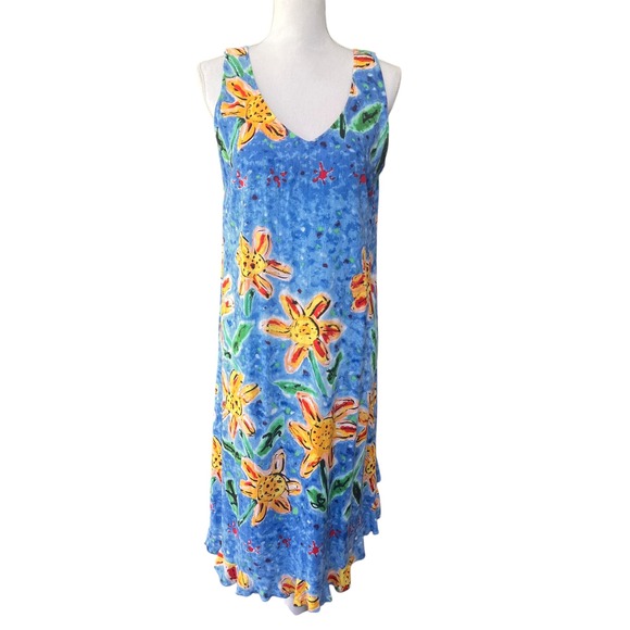 Jams World Kiyoshi Sunflower‎ Dress Size Large Blue Yellow Floral Hawaiian Rayon - Picture 1 of 10